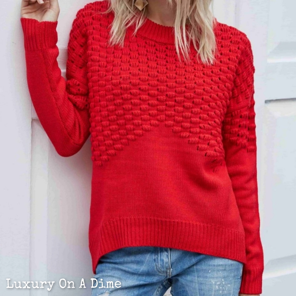 Distressed Openwork Breathable Knit Lightweight Sweater Pullover Red - Picture 4 of 9